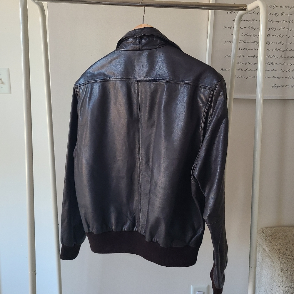 Members Only Dark Leather Bomber Jacket Made In Korea